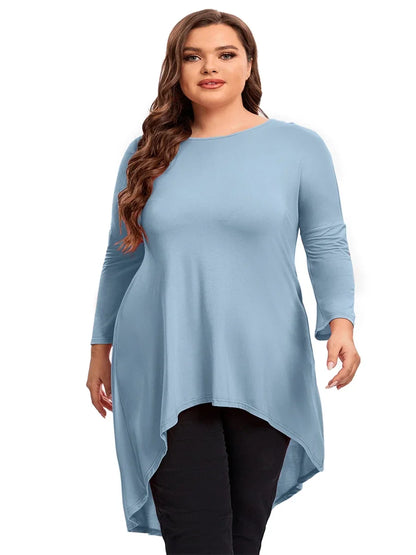 qgtao Plus Size Long Sleeve Spring Fall Hi Low Tunic Tops Women Long Loose Fit Flare Swing Blouse T Shirt Large Size Casual Tops 6XL