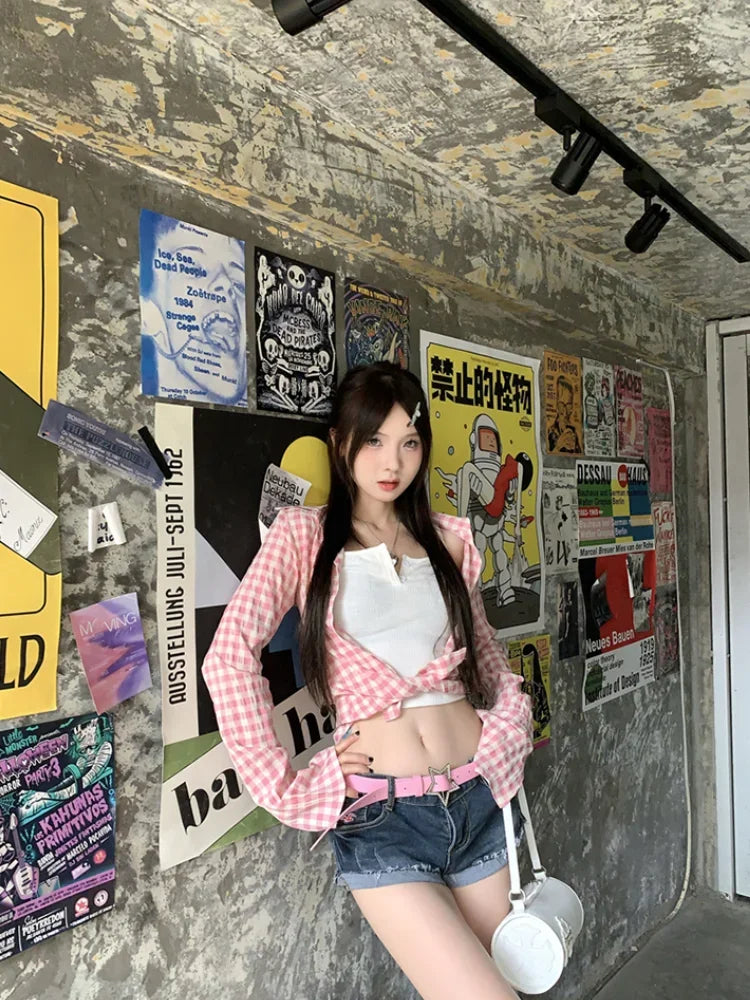 qgtao  -  Y2k Pink Plaid Women Shirts Check Graphic Long Sleeve Blouses Female Spring Autumn Sexy Slim Button Up Cardigan Chic Ins