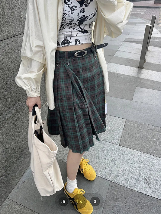 qgtao Korean style Preppy Fashion Vintage Plaid Summer Women Midi Skirt High Waist Pleated A-line Temperament Loose Y2K Skirt