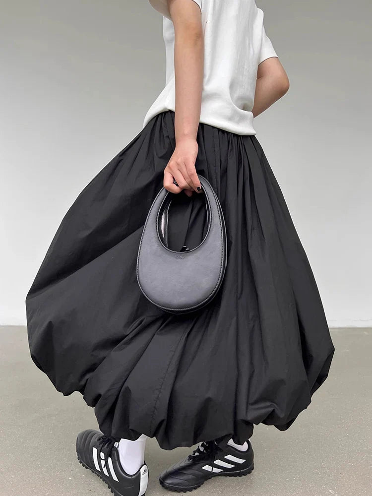 qgtao Long Skirt Women Elegant Solid Elastic Waist A-line Vintage Korean Fashion Loose Balloon Maxi Skirt Casual Streetwear