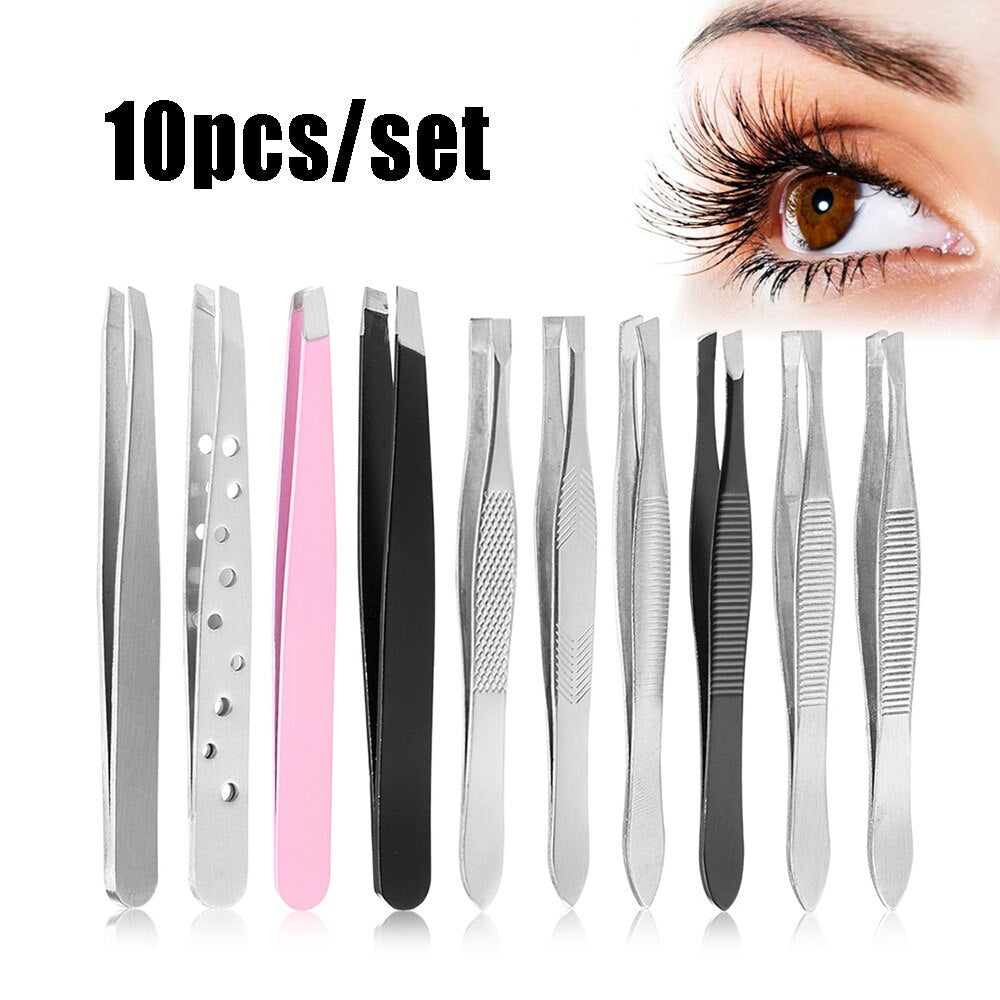 10Pcs Eyebrow Tweezers Stainless Steel Hair Pluckers Clip Eyebrow Trimmer Eyelash Extension Clip Women Makeup Beauty Tools Gifts