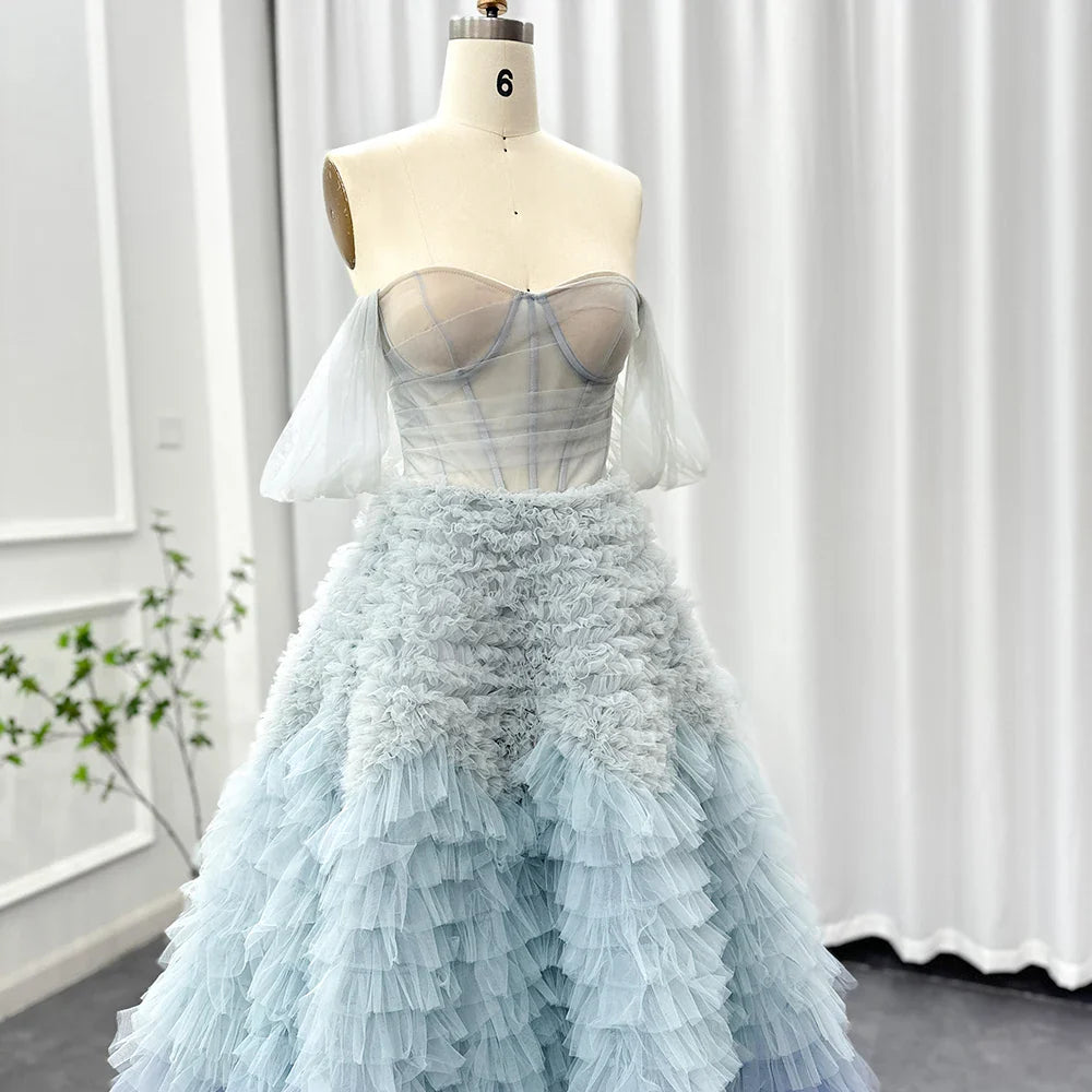 Chic Blue Ombre Tiered Ruffles Evening Dresses Luxury Dubai Ball Gown Prom Dress for Women Wedding Party