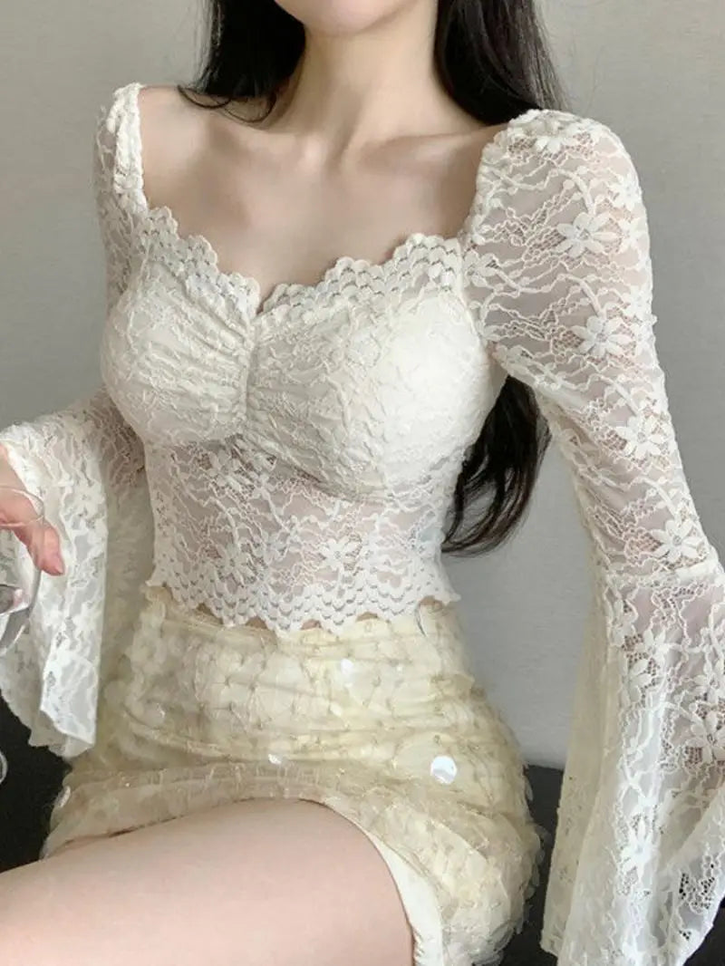 qgtaol Lace Crop Tops Women Sexy Off Shoulder Blouses Female Vintage Fashion Slim Tee Ladies Elegant Chic Slash Neck