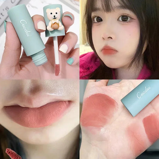 qgtao  Girl's Velvet Matte Lipstick Blush Waterproof Long Lasting Cute Bear Lipgloss Non-Stick Cup Makeup Lip Tint Mud Cosmetic