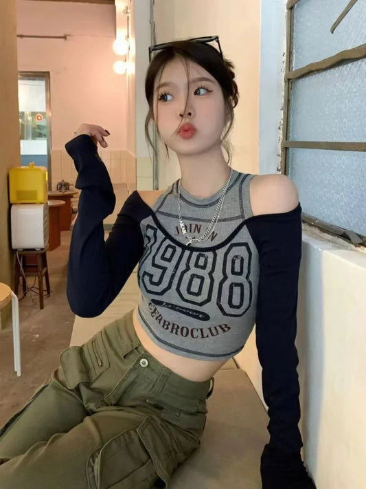 qgtao Y2k Streetwear Vintage Korean Crop Top Women Sexy American Retro Letter Printed T Shirts Off Shoulder Aesthetic Clothes