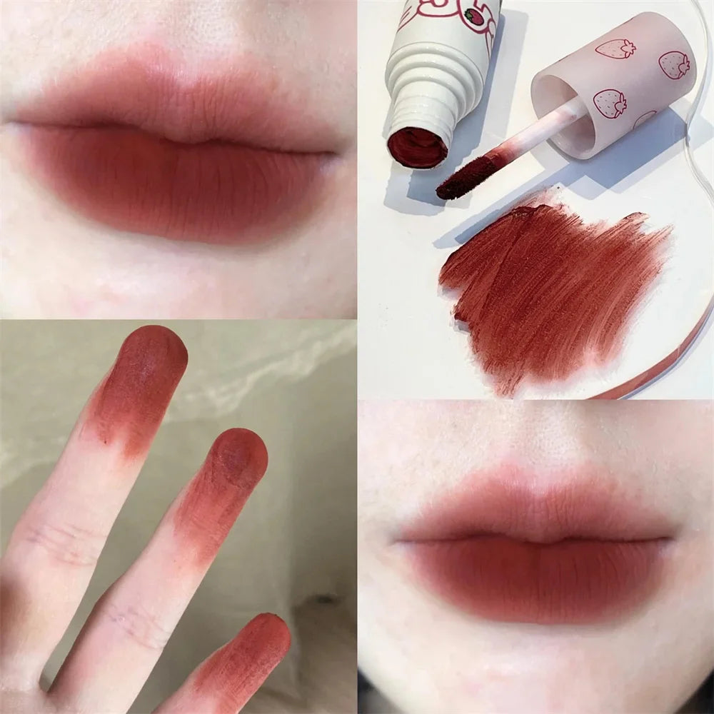 qgtao Lovely Strawberry Matte Liquid Lipstick Velvet Nude Red Lip Gloss Long Lasting Non-stick Cup Lip Mud Tint Cream Makeup Cosmetics