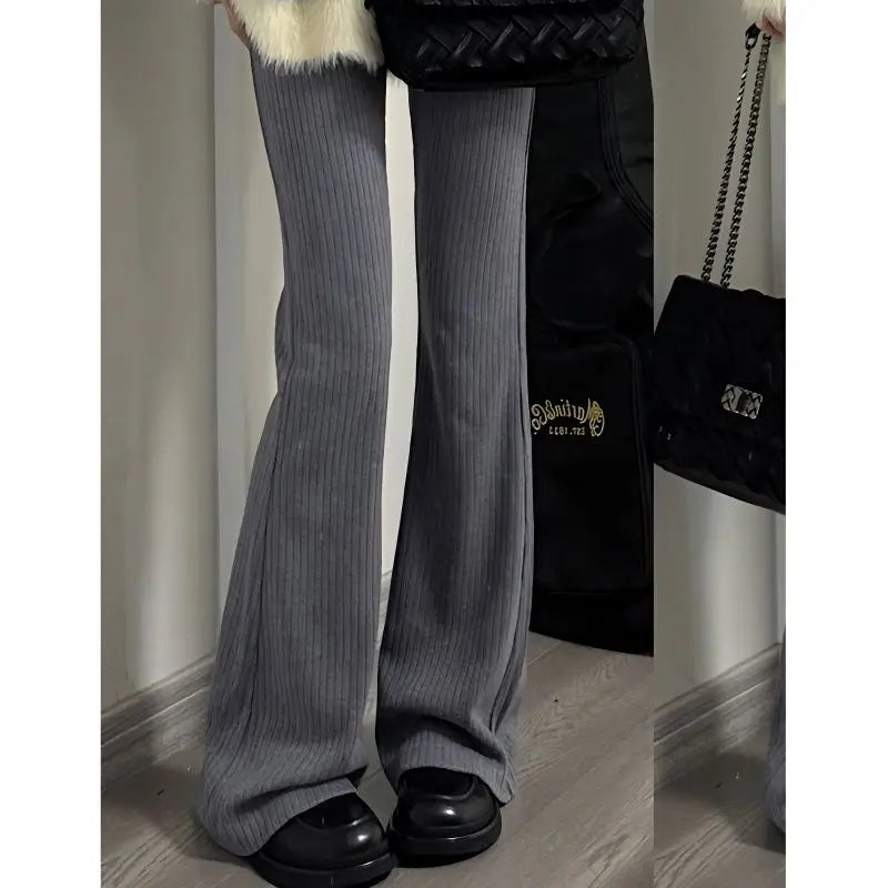 Deeptown Vintage Gray Flare Pants Women Harajuku Black High Waist Wide Leg Trousers Korean Slim Knit Full Pants Y2K Streetwear