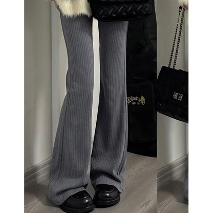 Deeptown Vintage Gray Flare Pants Women Harajuku Black High Waist Wide Leg Trousers Korean Slim Knit Full Pants Y2K Streetwear