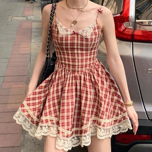 qgtao Vintage Sweet Red Plaid Dress for Women Kawaii Elegant French Style Bow Lace Party Mini Dress Retro Lolita Pleated Dress