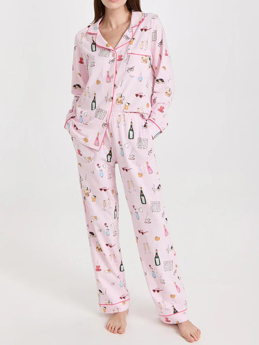 qgtao Spring Fashion Loungewear Set y2k Cartoon Print Long Sleeve Lapel Button Down Tops with Elastic Waist Pants Women 2pcs Sleepwear