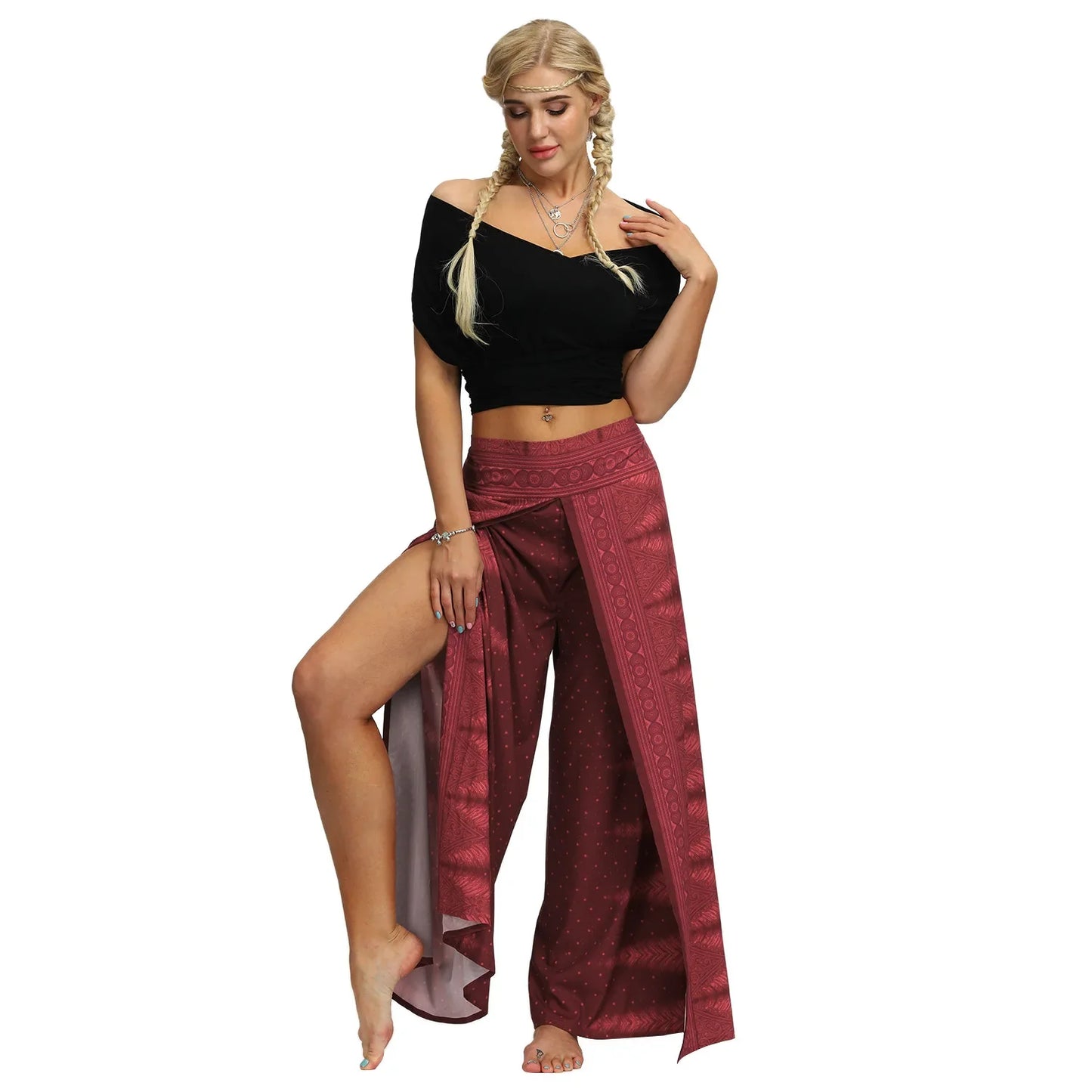 qgtao Women's High Waist Open Leg Wide Leg Pants Digital Printed Casual Plus Size Yoga Pants Women Thailand Bohemia Polyester 2024