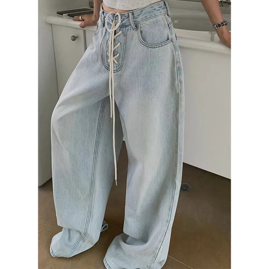 qgtao  -  Blue Jeans for Women High Waist American Wide Leg Pants Y2K Vintage Straight Baggy Denim Trousers 2024 Spring Oversize Pants