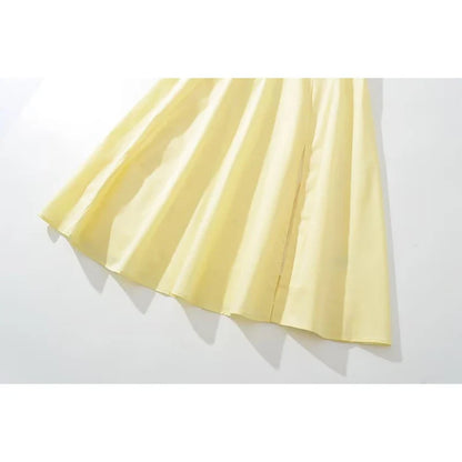 qgtao  Women French Style Yellow Sling Dress Sexy Sleeveless  Cross Lacing Up Back  Slit Hem Elegant Ladies Dresses