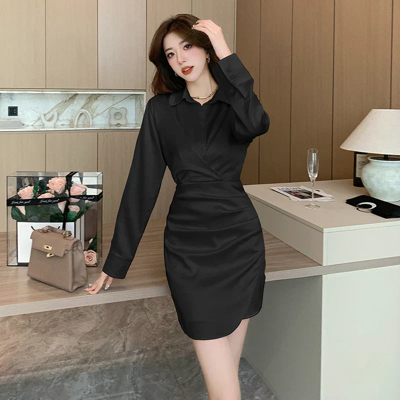 qgtao-2023 New French Vintage Sexy Satin Mini Dress for Women Long Sleeved V-neck Waist Slim Office Lady Elegant Prom Female Dresses