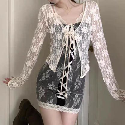 qgtao Sexy Lace Bandage Mini Dress Elegant Chic Vintage Coquette Gothic Slim Dresses Y2k Streetwear Lace-up Corset Party Dress