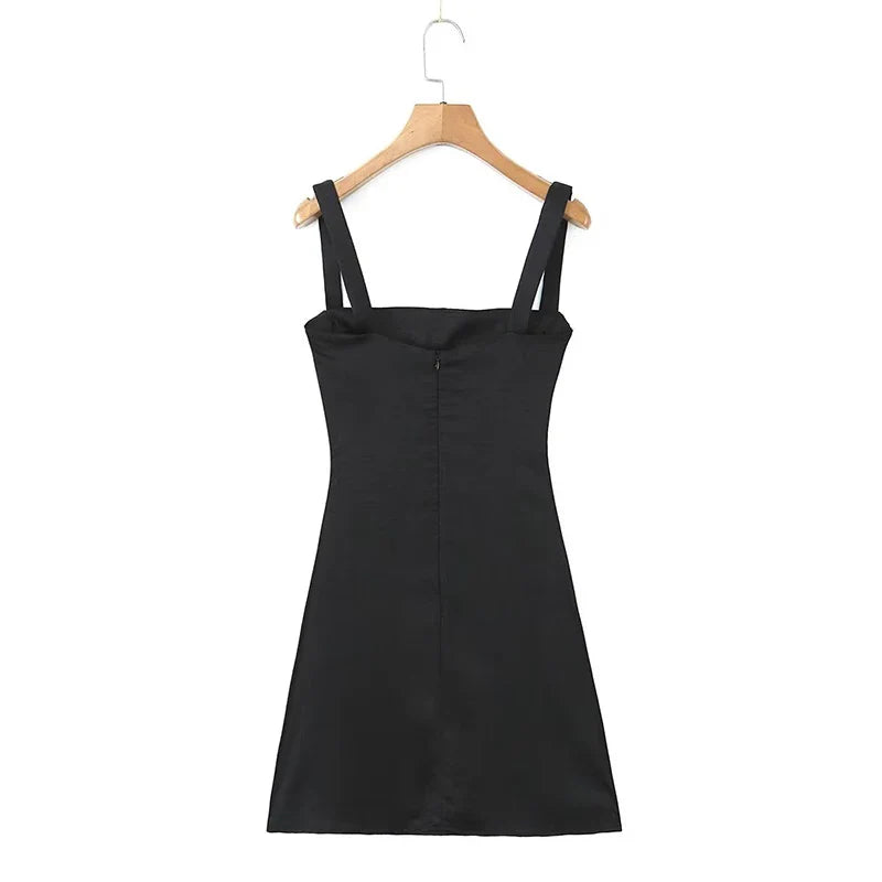 qgtao  Women Chest Embroidery Sling Sexy Dresses Vintage Black Sleeveless Female Party Mini Robe