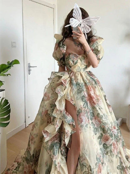 qgtao Floral Print Evening Party Dress Women 2024 Puff Sleeve Elegant Princess Long Dres Ladies France Vintage Open Fork Dress Summer