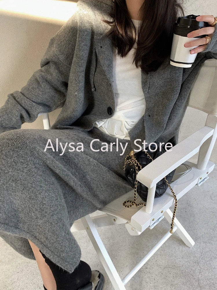 qgtao Elegant Knitting 2 Piece Set Women Long Sleeve Coat + Casual Midi Skirt 2023 Winter Vintage Party Office Lady Korean Knited Suit