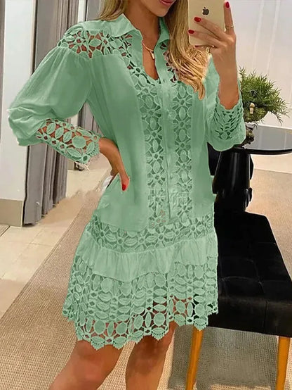 qgtao Women Lace Stitching Sexy Hollow Out And Transparent Dress Not Lined Elegant Office Spring Casual Long Sleeve White Shirt Dress