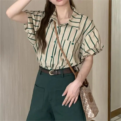 qgtao 2024 Summer Short Sleeve Slim Green Striped Shirt Sets Women Korean Style t Shorts Suits New In Clothing Tops