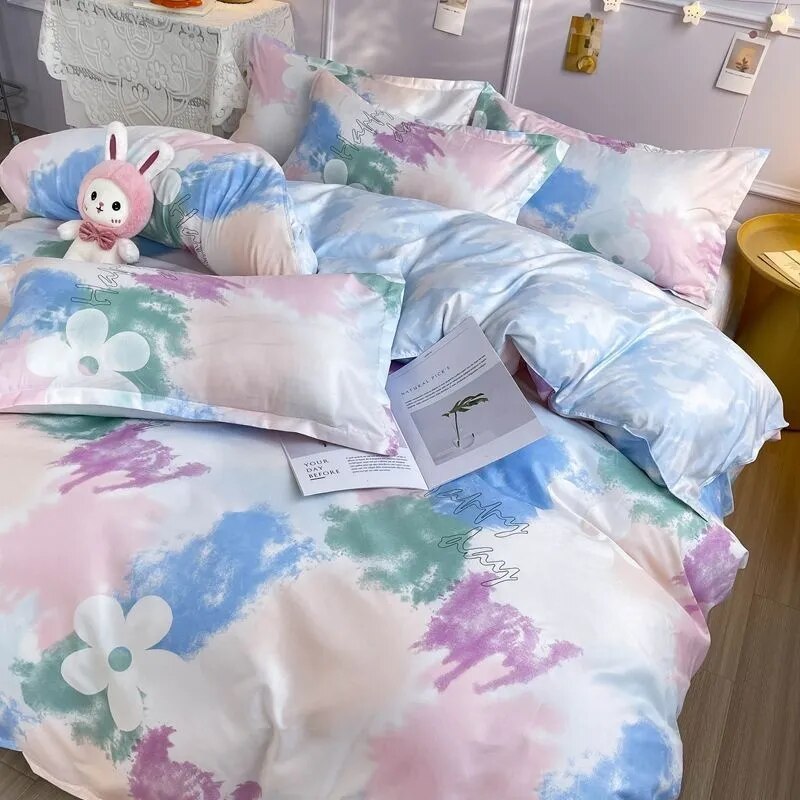 Yeknu - Kawaii Cherry Duvet Cover Set Pillowcase Flat Sheet Floral Boys Girls Twin Full Size Soft Bedding Kit Korean Ins Style Home Use