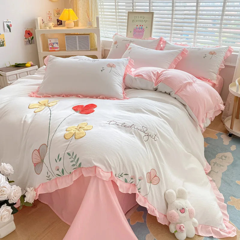 Yeknu Ins Korean Style Bedding Set with Ruffles Princess Duvet Cover No Filling Flat Sheet Pillowcases Kit Girls Blue Pink Solid Color