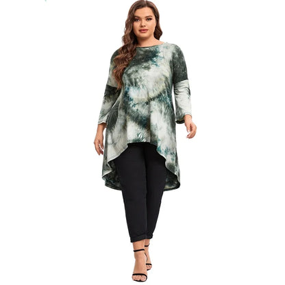 qgtao Plus Size Long Sleeve Elegant Tie Dye Tunic Tops Long Loose Spring Autumn Hi Low Swing Blouse Plus Size Clothing Women 6XL 7XL