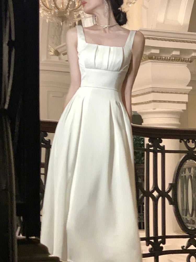 qgtao-Vintage Elegant Dress for Women Sleeveless Square Collar Spaghetti Strap Fashion Party Evening French Dress 2024 New Summer