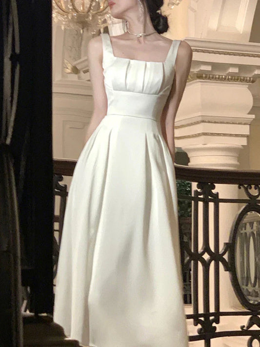qgtao-Vintage Elegant Dress for Women Sleeveless Square Collar Spaghetti Strap Fashion Party Evening French Dress 2024 New Summer