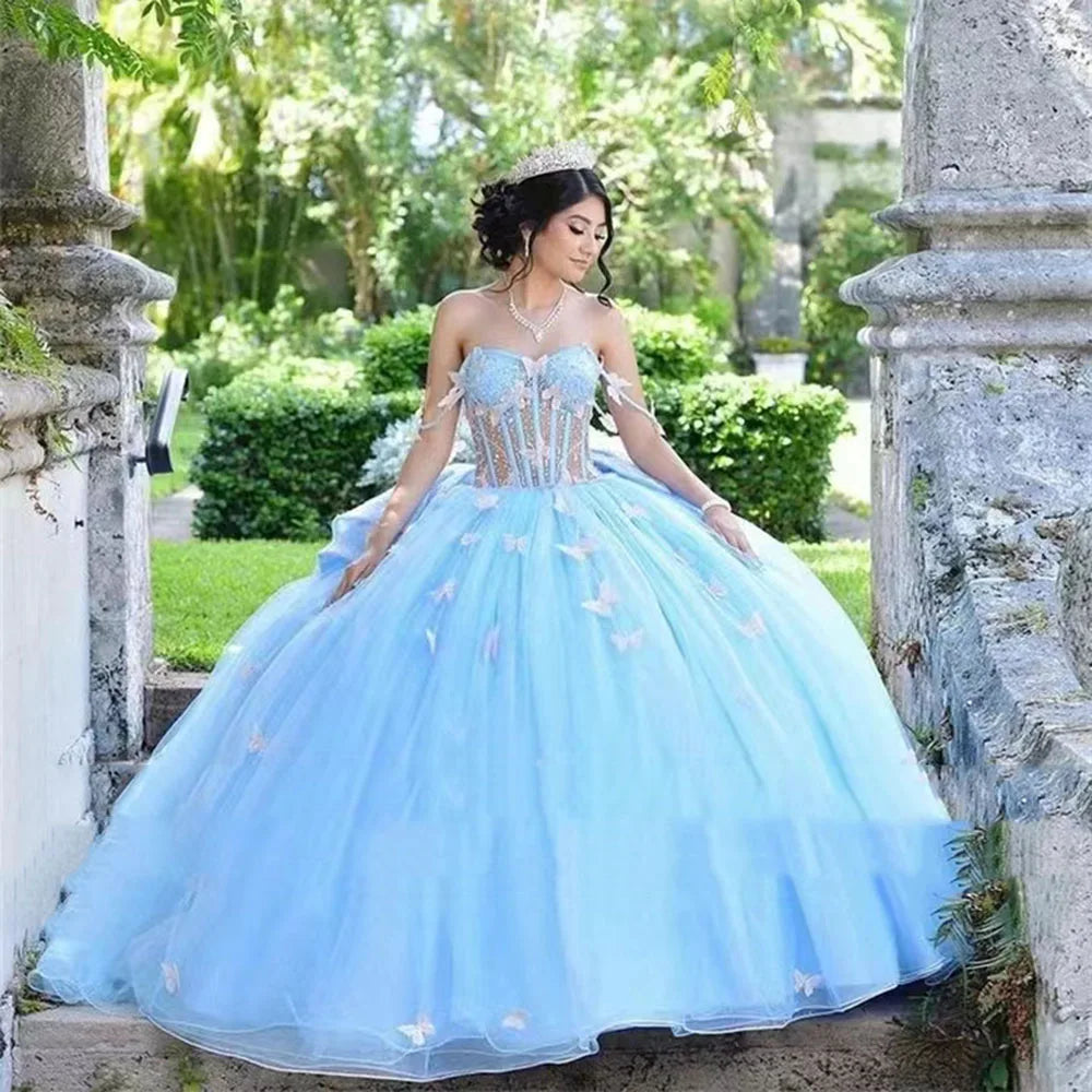 qgtao  Ball Gown Princess Evening Dresses Sweetheart Butterfly Flower Bow Prom Formal Party Gowns Sweet Dress