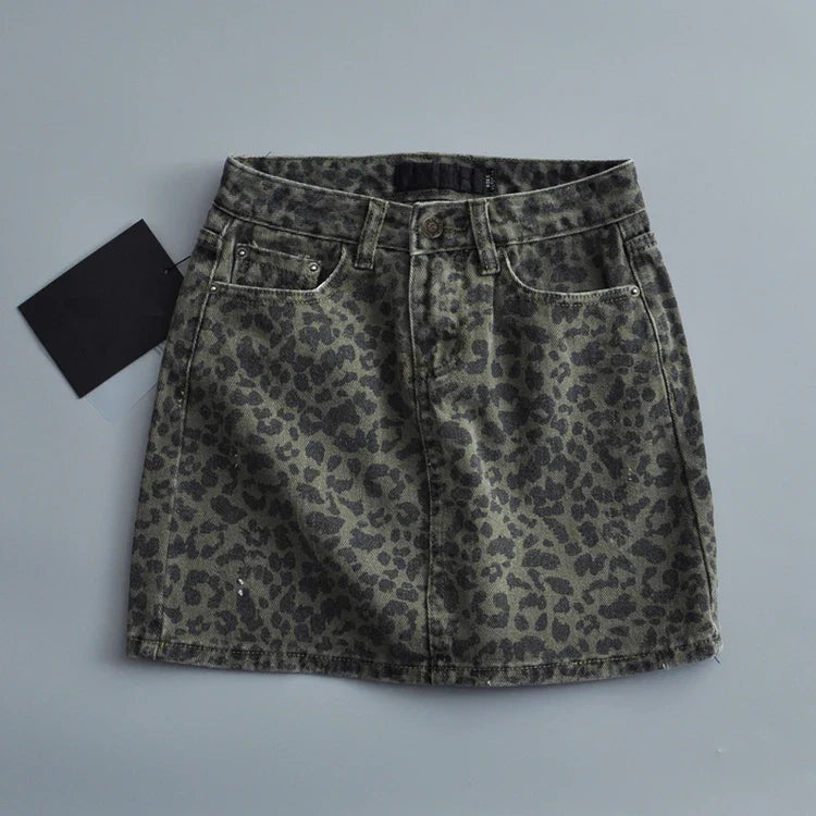 qgtao Sexy ripped leopard print skirts womens mini denim skirt Streetwear pencil high waist skirt faldas mujer moda 2024