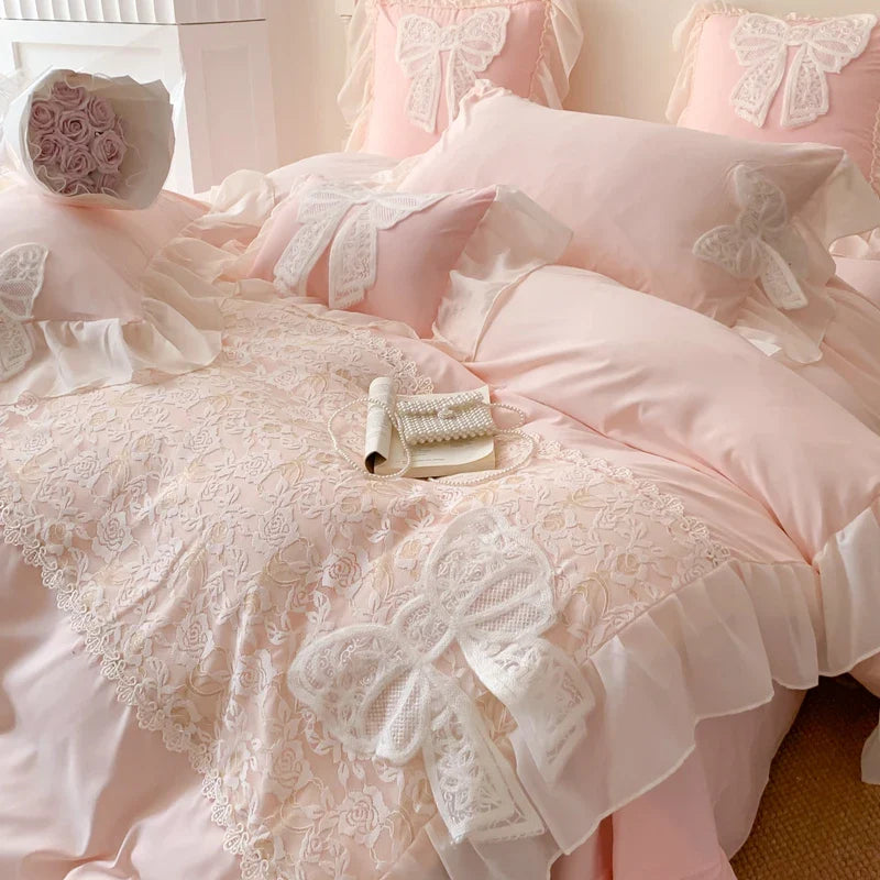 Yeknu Korean Princess Bedding Set Coquette Lace Bow  Beauty Solid Color Lace Ruffle Comforter Sets Luxury Girls Wedding  Duvet Cover