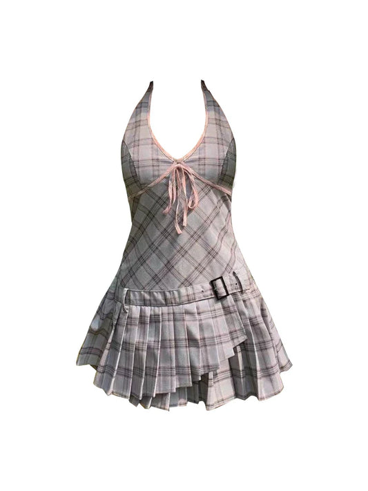 qgtao Summer Vintage Mori Girl Korean 2000s Aesthetic A-line Party Plaid Dress Women Sweet Mini Frocks Ballet Core One-Piece Gyaru Y2k