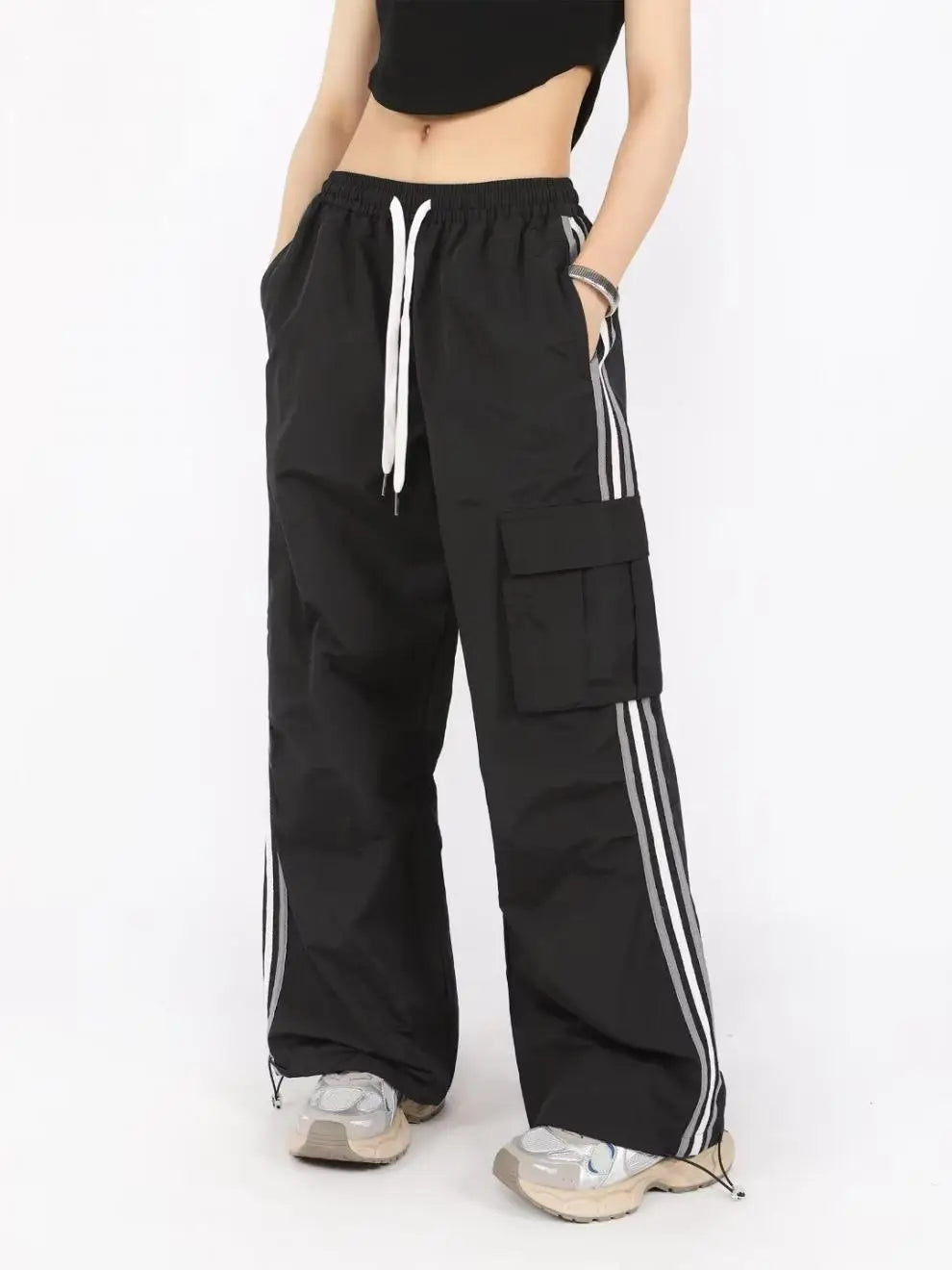 qgtao Y2K Cargo Pants Women Baggy Vintage High Waist Stripe Sweatpants Casual Loose Drawstring Parachute Jogger Wide Leg Pants