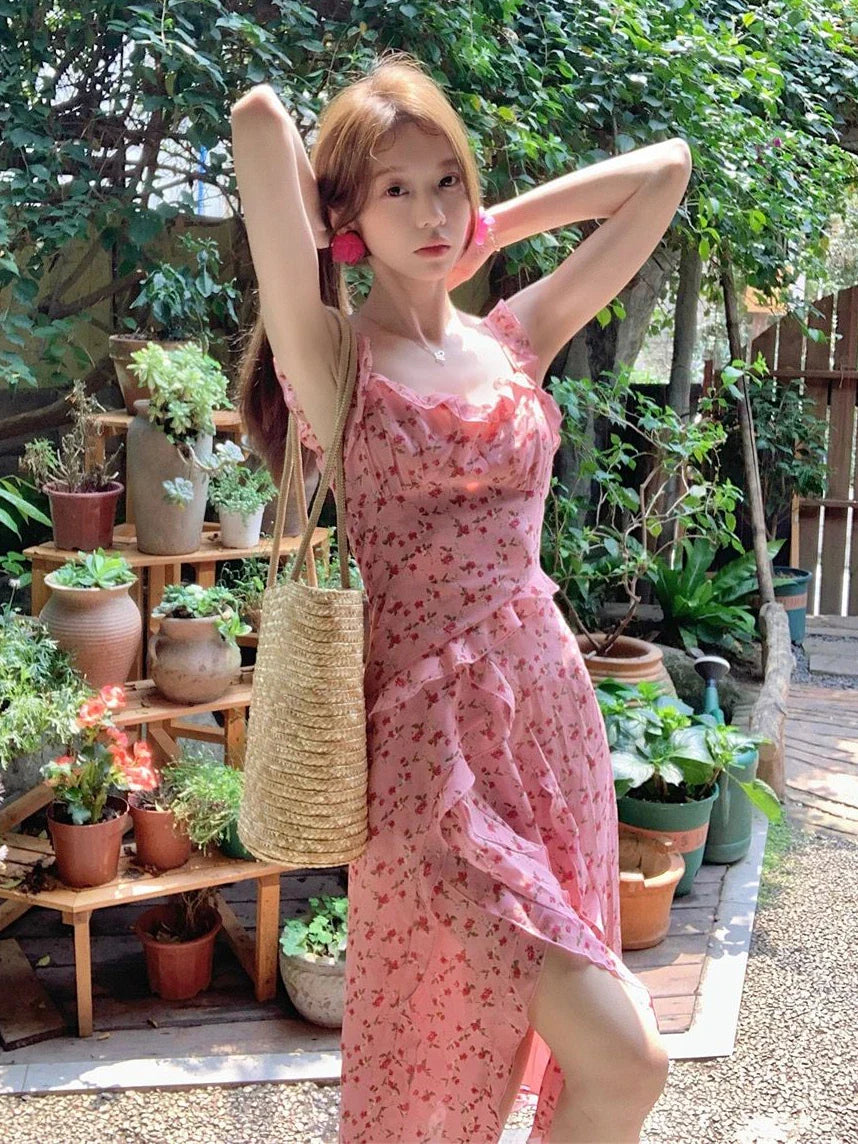 qgtao Vintage Ruffles Floral Strap Dress Women Casual Korean Chic Split Midi Dress Women 2024 Autumn Fashion Elegant Beach Party Dress