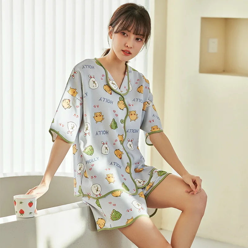 qgtao Spring Cardigan Lapels Nightwear Girls Young Women's Pajama Sets Pyjamas Loose Sleepwear Female Loungewear Pijama Mujer Homewear