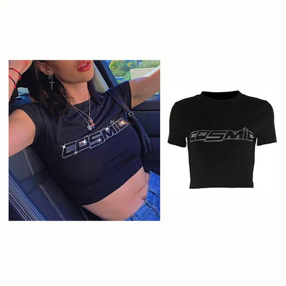 qgtao Y2k Sexy Baby Tee Summer Black T-Shirt Crop Top Clothes For Women Tops Gothic O-neck Short Sleeve 2000s Retro Hip Hop Streetwear