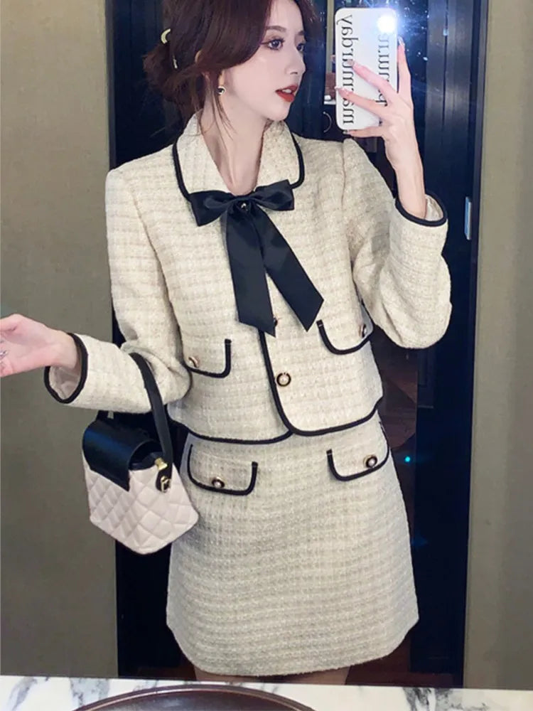 qgtao French Vintage Two-piece Skirt Set Women Autumn New Suit Single Breasted Crop Coat Bow Mini Skirt Korean Fashion Chic Outfits