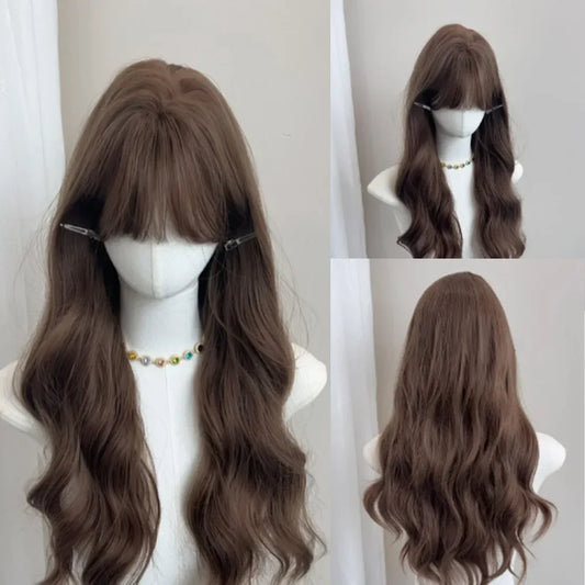 qgtao  -  Wig for Women Brown Long Wavy Wigs with Bangs Wool Curls Long Hair Big Waves Headband Wig Heat-resistant