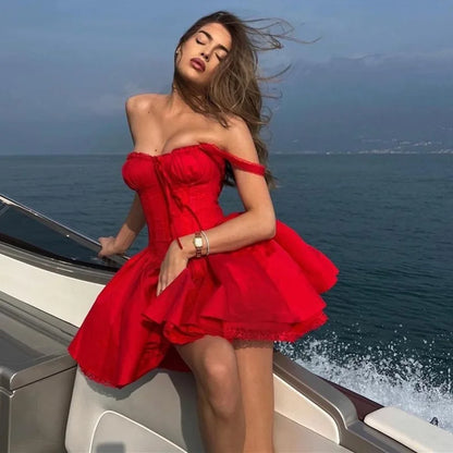 qgtao Sexy Square Neck Corset A Line Mini Dress Cottagecore Red Summer Dresses For Women Holiday Outfits 2024 Y2K Clothing