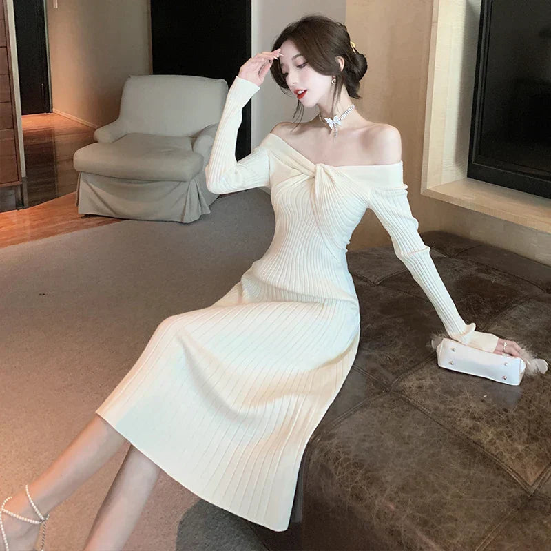 qgtao-Elegant Vintage Knitted Evening Dress for Women Autumn Winter Fashion Long Sleeve Slim Dresses Knit Sweater Lady Clothing 2023