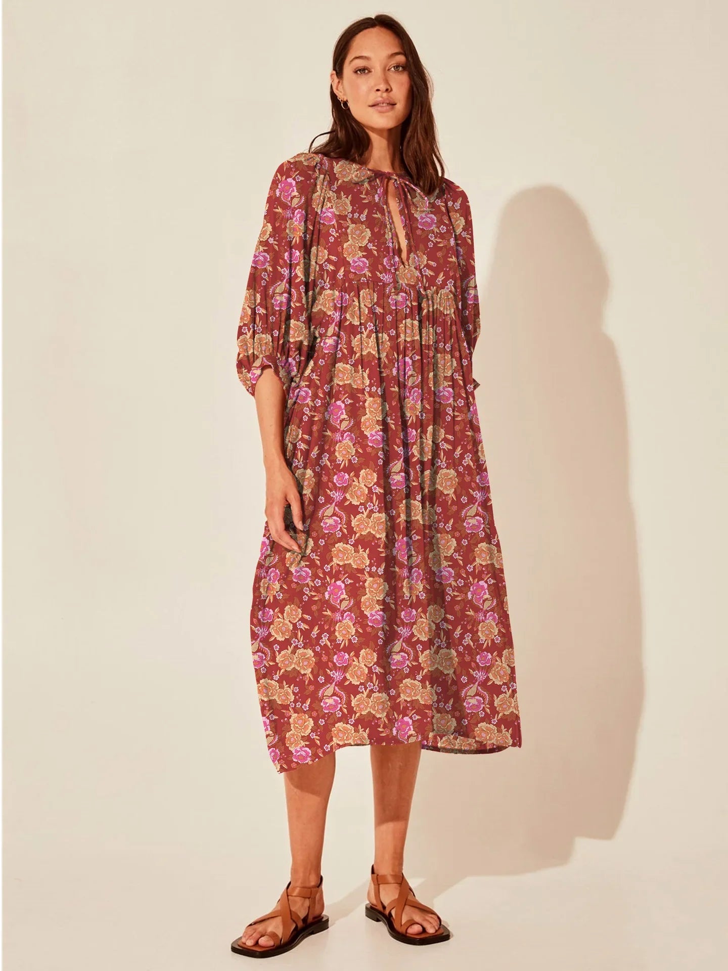 qgtao New Floral Print Long Dress Fashion Women's Lantern Sleeves V-neck Tie Up Floral Dress High-end Feeling Vintage Mini Dress Boho