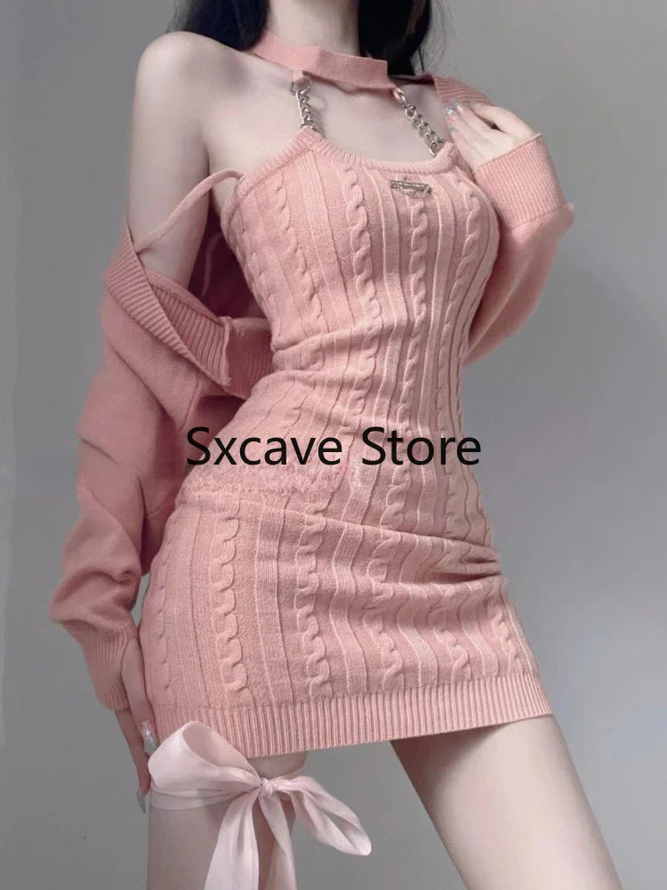 qgtao Autumn Pink Knitted Suits Office Lady Casual Y2k Crop Tops + Mini Dress Korea Fashion Clothing Even Party 2 Piece Dress Set