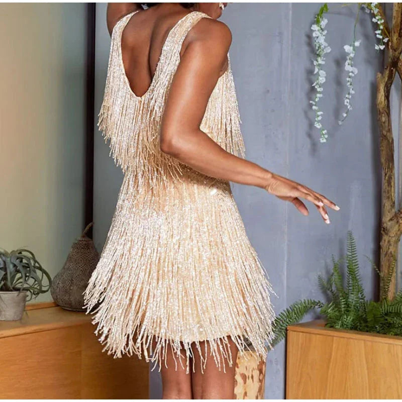 New Sexy Tassel Sequins Feather Mini Dress Women Spaghetti Strap Stitching Dresses Female Elegant Evening Party Club Dress