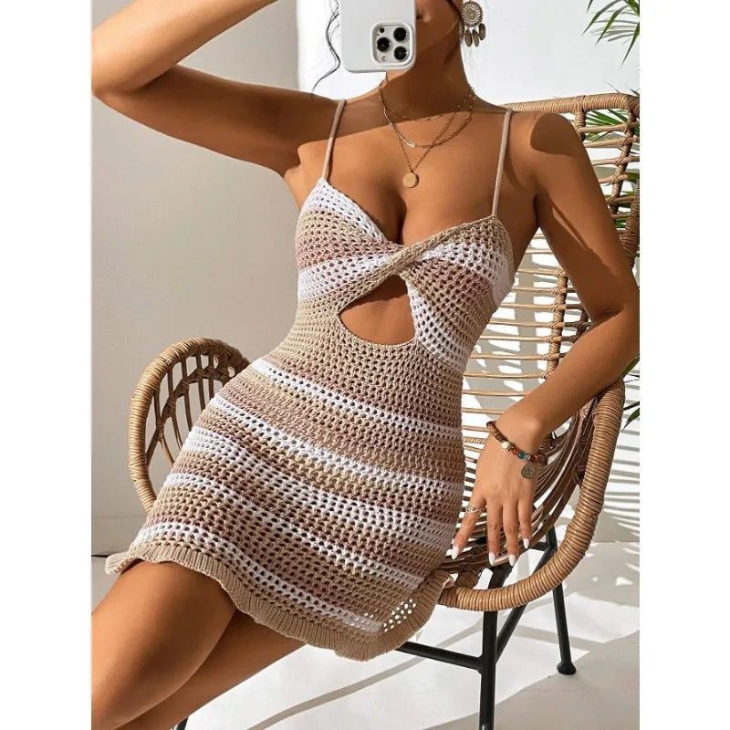 qgtao Sxey Knitted Mini Dress Summer Beach Cover Women Backless Hollow Out See Through Crochet Dresses Woman Bikini Cover-ups Female