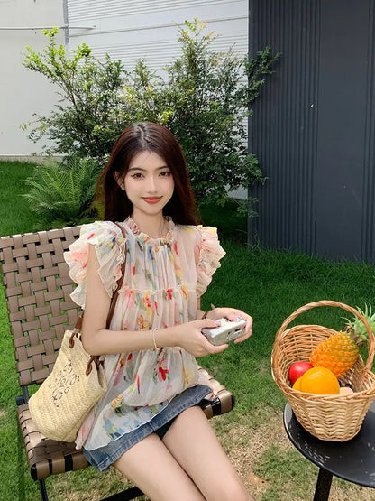 qgtao  -  Elegant Floral Print Chiffon Beautiful Blouse Women Flying Sleeve Shirt Spring Summer Fairycore Pleated Tops Aesthetic