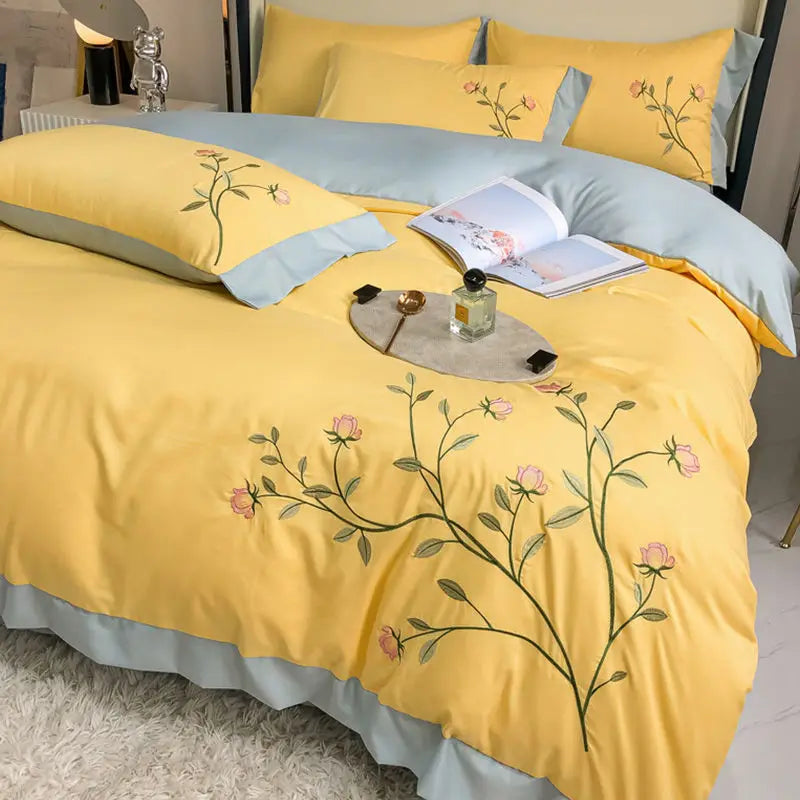 Yeknu Washed Cotton Embroidery Bedroom Four-piece Set Full Quilt Cover Princess Style Queen Bed Sheet King Bedding Three-piece Bedding