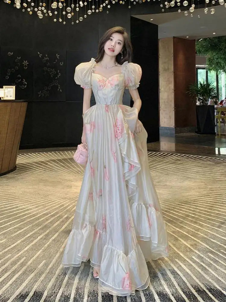 Vintage French Elegant Floral Ruffles Party Dresses Women Fashion Puff Sleeve Birthday A Line Princess Long Dress Sweet Vestidos