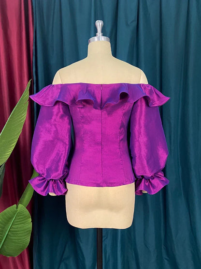 qgtao Off Shoulder Blouse Plus Size Ruffles Long Flare Sleeve Shiny Purple Tops Evening Party Cocktail Club Wear Shirts Blouses 4XL