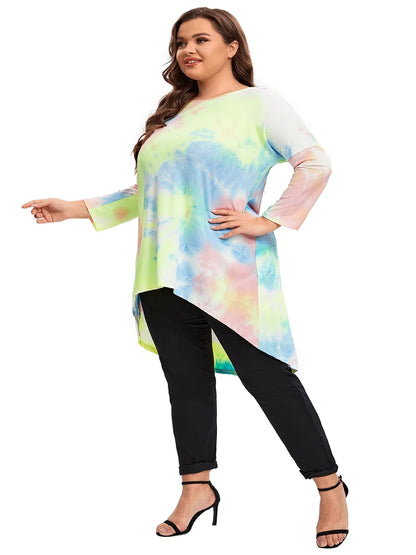 qgtao Plus Size Long Sleeve Elegant Tie Dye Tunic Tops Long Loose Autumn Hi Low Swing Blouse T-shirt Plus Size Clothing Women 6XL 7XL